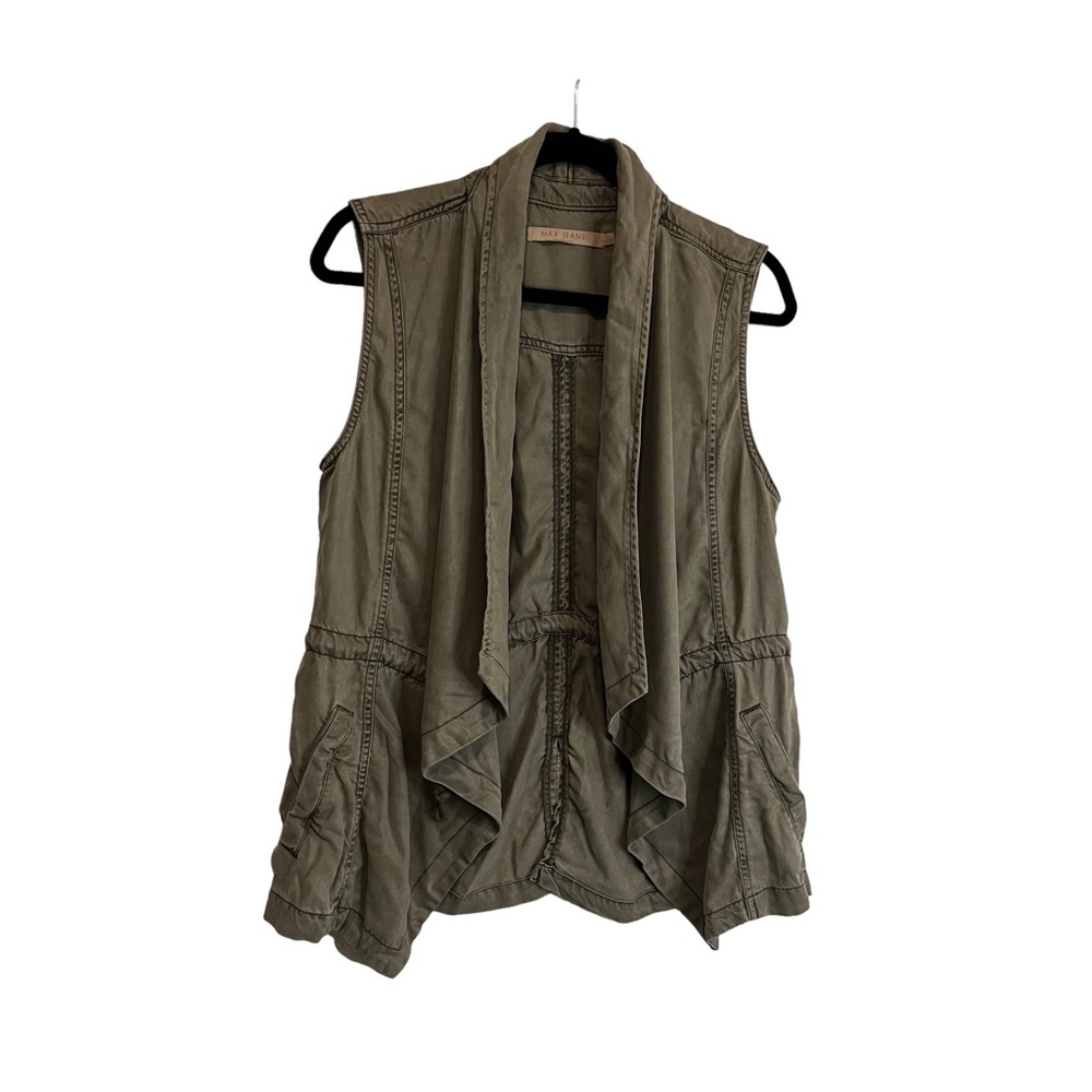 Max Jeans Drape Open Front Sleeveless Jacket Vest Army Green Womens Size S